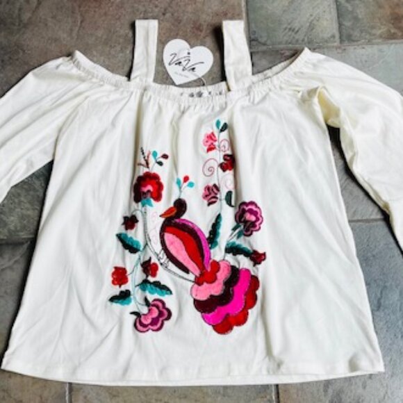 VaVa by Joy Han Embroidered Bird and Flowers Bell Sleeve Top Boho Off Shoulder - Picture 2 of 8